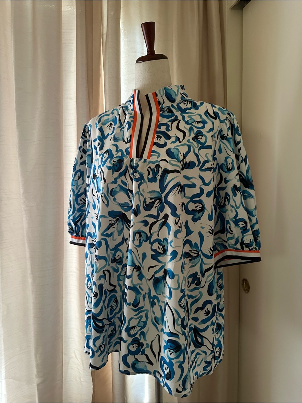 Blue Floral-Print Women's Blouse with Stripe Trim